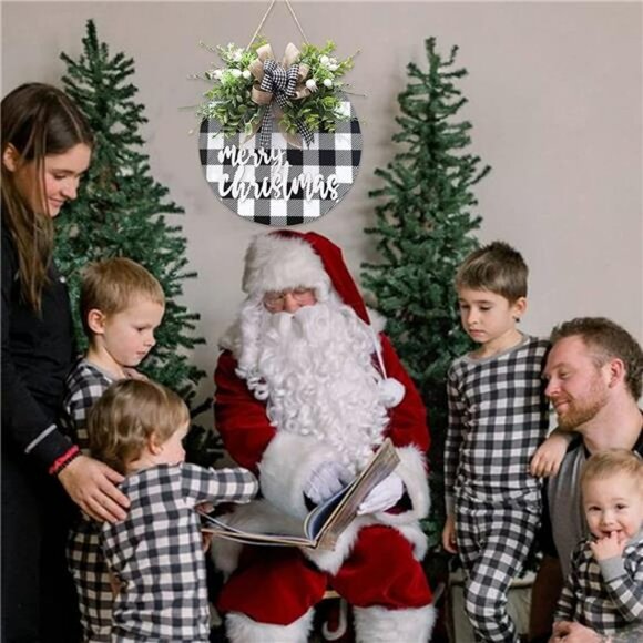 Christmas Wreath Signs, Wood Door Sign, Buffalo Plaid Front Door Decorations - Picture 4 of 7